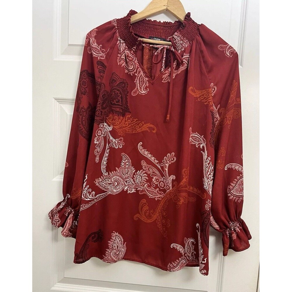 Cocomo Paisley Long Sleeve Top Sz 2X Red Chiffon Flouncy Fairy Career Boho
